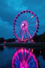 Sticker - Ferris wheel against a serene blue lake backdrop at dusk, ferris wheel, lake