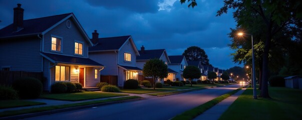 suburban houses aglow with soft gentle lights, suburban, peaceful, nighttime