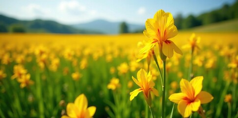 Wall Mural - Field of Canna Glauca in full bloom with yellow petals and orange spots, spot, field, meadow