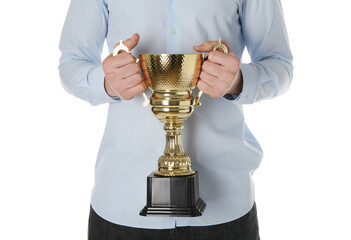Wall Mural - man with golden trophy cup on white background, closeup