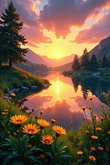 Wall Mural - Sunset over serene lake with lush greenery and wildflowers, landscape, sun, serene