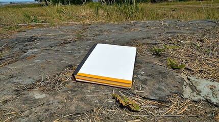 Wall Mural - a blank book rests on a rocky surface amidst grass, suggesting a serene outdoor setting perfect for 