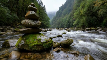 Wall Mural - A serene river scene featuring stacked stones amidst lush greenery, highlighting nature's tranquility and balance.