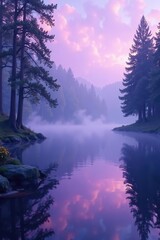 Wall Mural - Swirling purple mist rises from a tranquil lake, dreamy, nature, calming