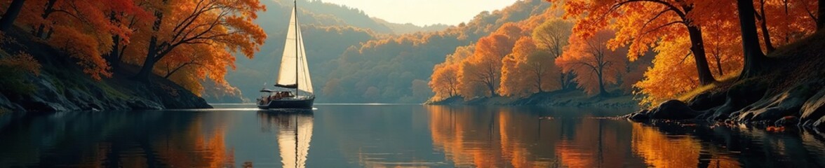 Sticker - Yacht sailing through autumn foliage with leaves reflected in water, foliage, yacht, sail