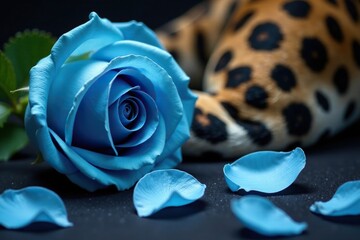 Wall Mural - Delicate blue rose petals scattered on a leopard's fur, petal, fur