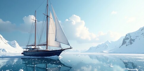 Wall Mural - yacht with snow-covered sails and frozen sea surface, cold, serene, winter