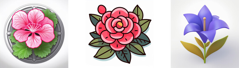 Wall Mural - description: three floral designs: a pink blossom in a circular frame, a red rose with green leaves,