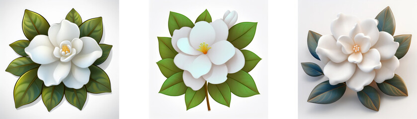 Wall Mural - three white flowers with green leaves are depicted in different artistic styles: vector, realistic, 