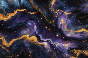 Wall Mural - swirling cosmic nebula with iridescent clouds of purple, blue and gold stardust, deep space background with distant galaxies