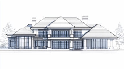 Aufkleber - Architectural sketch of a two-story house with large windows and a multi-gabled roof