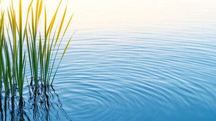 Poster - Softly Lit Expanse of Rippled Water with Grass Reflections at Sunrise