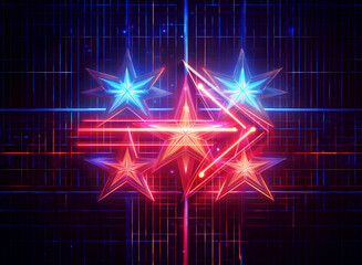 Wall Mural - vibrant glowing stars layered upon a digital grid create a double exposure effect. red and blue ligh