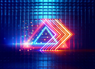 Aufkleber - Vibrant neon shapes with a double exposure effect illuminate a dark blue tiled surface. An arrow and triangle glow brightly with a futuristic aesthetic.