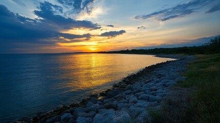 Poster - Serene Sunset Over Tranquil Waters with Vibrant Cloud Formation