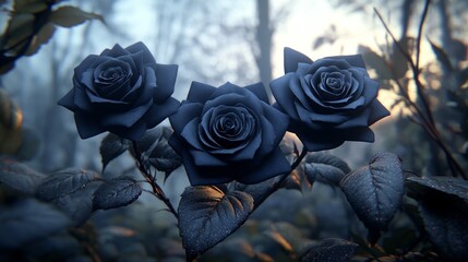 Poster - Glimmering Black Roses Surrounded by Dewy Leaves in Ethereal Light