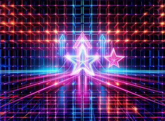Poster - vibrant double exposure of glowing stars and grid lines creates a futuristic and abstract design wit