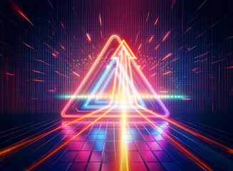 Poster - vibrant neon triangle arrow in double exposure with light trails and perspective lines. futuristic d