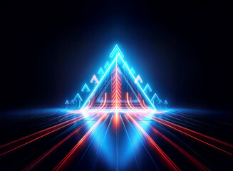 Poster - vibrant neon triangle emitting blue light, creating a double exposure effect with red trails on a da
