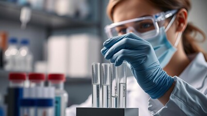 Scientist in protective mask adding liquid to test tube with pipette in laboratory setting, test tube, biotech science, genetic research