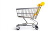 © Patchayanit  - Close Up of Miniature Chrome Shopping Cart with Yellow Handle on White Background
