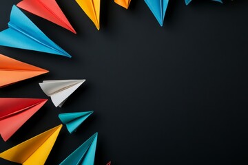 Colorful paper planes circling white leader, dark background, teamwork concept