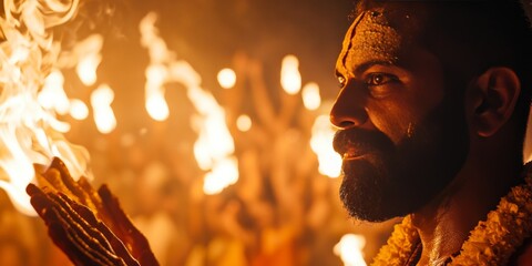 Wall Mural - Indian sadhu holding fire during kumbh mela ceremony