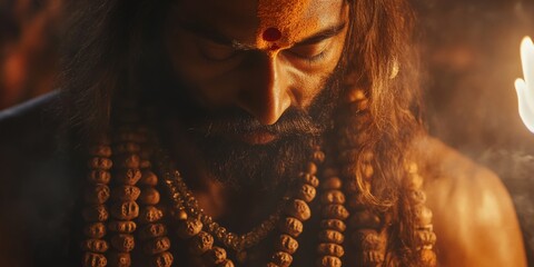 Wall Mural - Indian sadhu praying at kumbh mela with rudraksha mala necklace