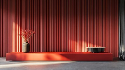 Fototapete - Modern Interior with Red Wall Flowers and Display Platform in Sunlight