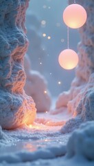 Wall Mural - Softly glowing luminescent orbs suspended in mid air above a calm white stone background, serene, dreamy