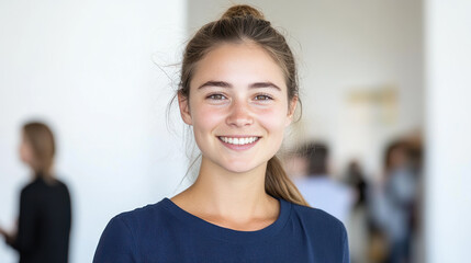 Wall Mural - Australian businesswoman wearing blue smart-casual smiling at office activity