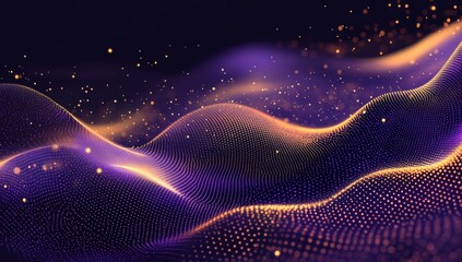 Poster - Abstract digital landscape with flowing waves and luminous particles in vivid purple and orange tones, creating a mesmerizing visual effect for design projects