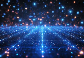 Poster - Abstract digital landscape with glowing blue and orange particles on a dark background, representing technology, data, and virtual reality concepts.