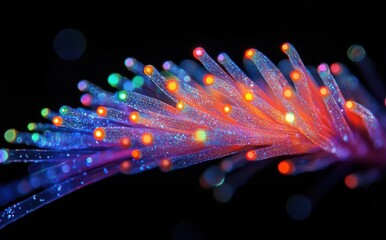 Poster - Colorful fiber optic strands emitting light in vibrant hues against a dark background, showcasing brilliance and elegance in modern technology.