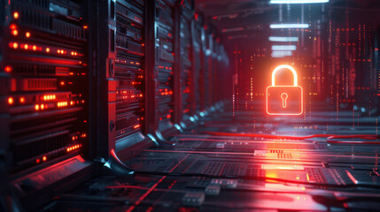 Poster - digital lock symbol glows in server room filled with illuminated servers, representing cybersecurity and data protection. atmosphere is high tech and secure