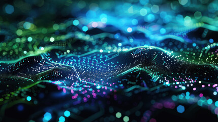 Aufkleber - vibrant abstract digital landscape with glowing particles and waves, showcasing blend of blue, green