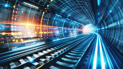 Poster - futuristic train tunnel with glowing lights and tracks, conveying speed and technology. vibrant colo