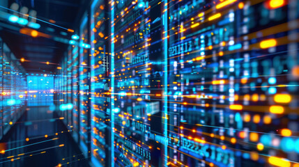Poster - digital data flow in server room with vibrant blue and orange lights, representing technology and co