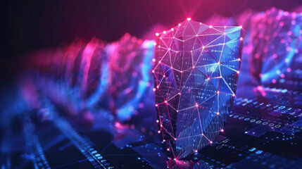 Poster - futuristic digital landscape featuring glowing geometric structure surrounded by interconnected nodes, symbolizing technology and innovation