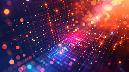 Poster - Vibrant abstract background with glowing lights and grid patterns, creating sense of depth and energy. Perfect for technology and digital themes