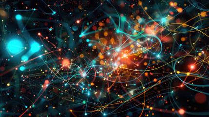 Poster - Vibrant abstract background with colorful light trails and glowing particles, creating dynamic and energetic atmosphere. Perfect for technology and digital themes