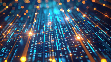 Poster - vibrant digital background featuring glowing binary code and bright particles, creating sense of dep