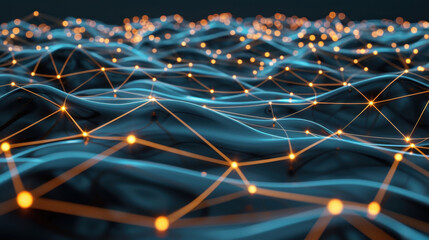 Poster - Abstract digital network with glowing nodes and flowing lines, representing connectivity and technology. vibrant blue and orange colors create dynamic visual effect