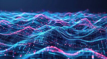 Poster - Abstract digital waves with glowing blue and pink particles create mesmerizing visual effect, representing data flow and technology. vibrant colors enhance dynamic feel
