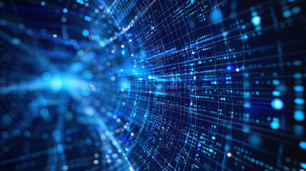 Poster - vibrant digital abstract background featuring glowing blue lines and dots, creating sense of depth and movement in futuristic space
