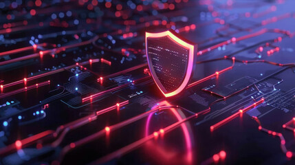 Poster - Digital shield symbolizing cybersecurity on circuit board background, representing protection and technology. vibrant colors evoke sense of security and innovation