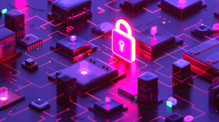 Poster - Digital security concept with glowing lock symbol and circuit patterns