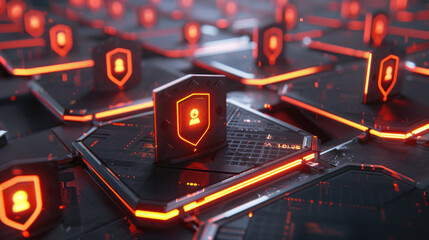 Poster - Digital security icons on futuristic network grid, glowing red. This represents cybersecurity, data protection, and technology innovation