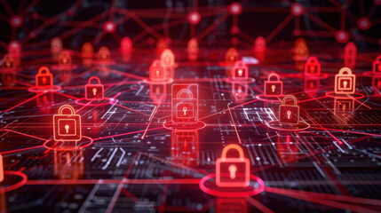 Poster - secure digital network with glowing padlocks representing cybersecurity. interconnected lines and no