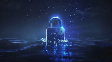 Poster - glowing padlock emerges from water, symbolizing security and protection in digital world. serene blue tones create calming atmosphere, emphasizing trust and safety